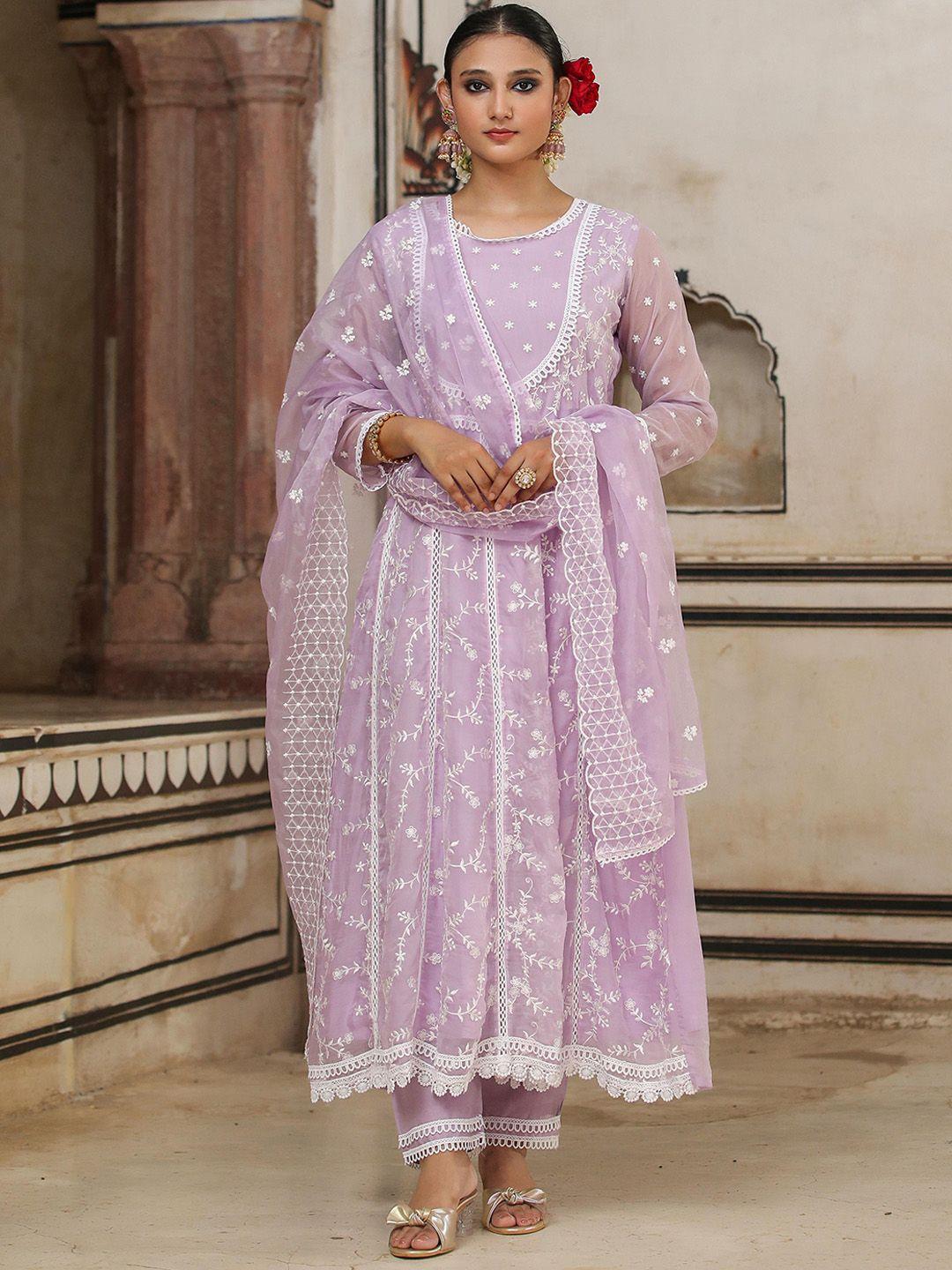 scakhi women lavender floral embroidered empire thread work kurta with trousers & with dupatta