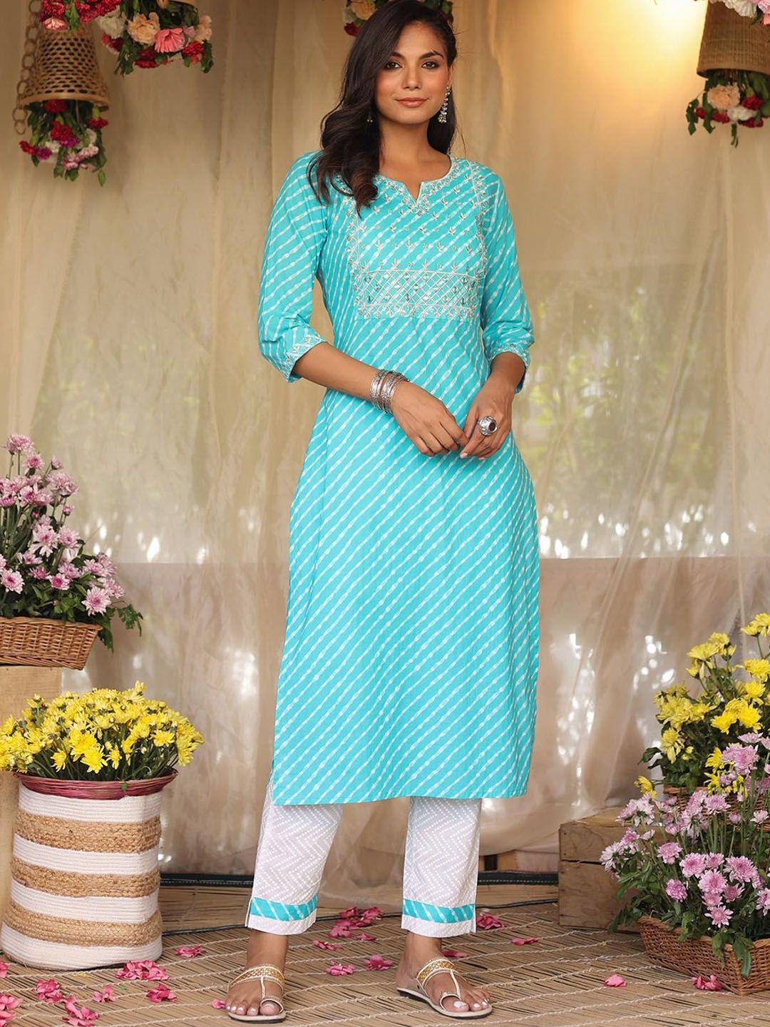 scakhi women leheriya embroidered pure cotton straight kurta with trousers