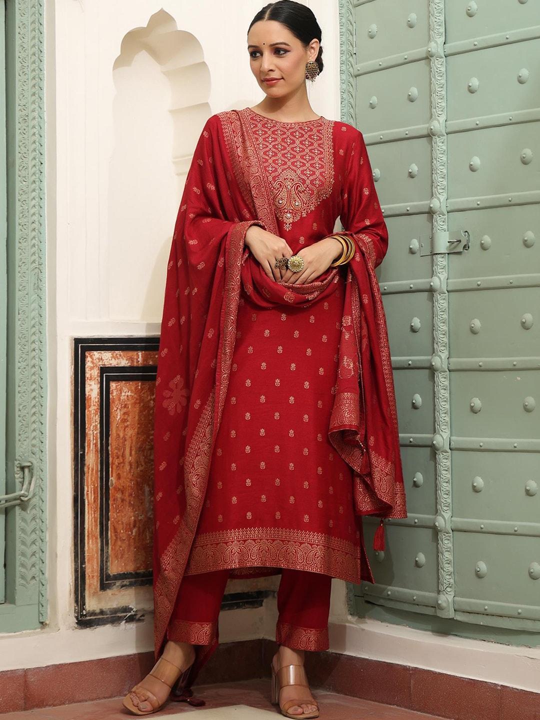 scakhi women maroon ethnic motifs beads and stones pure wool kurta with trousers & with dupatta