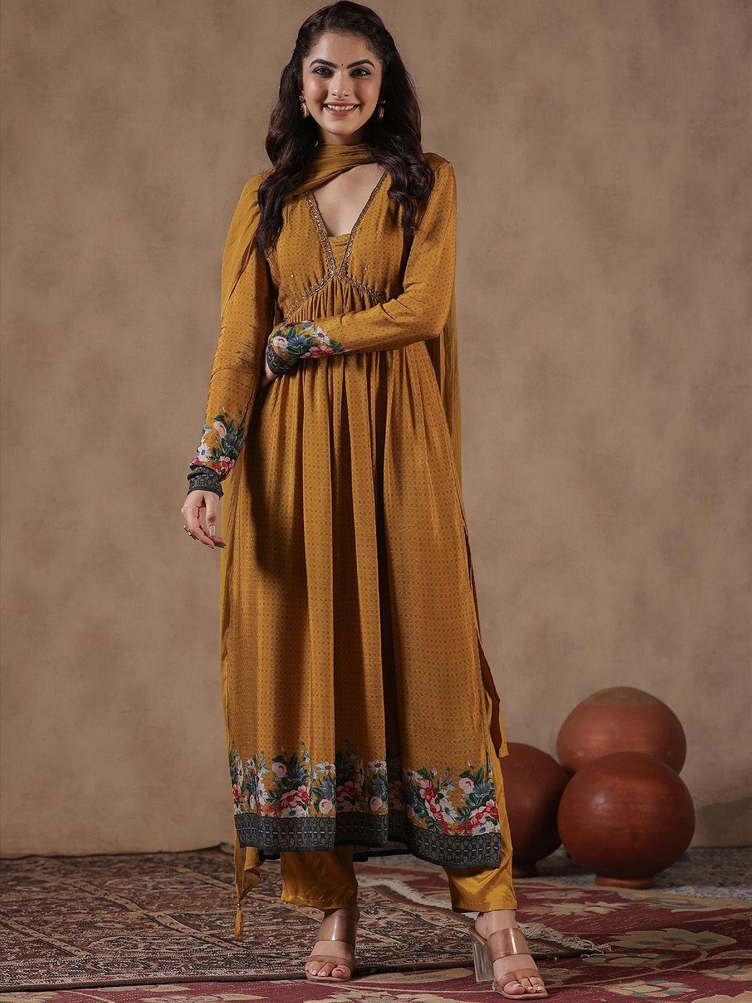 scakhi women mustard yellow floral printed empire beads and stones silk crepe kurta with trousers & with