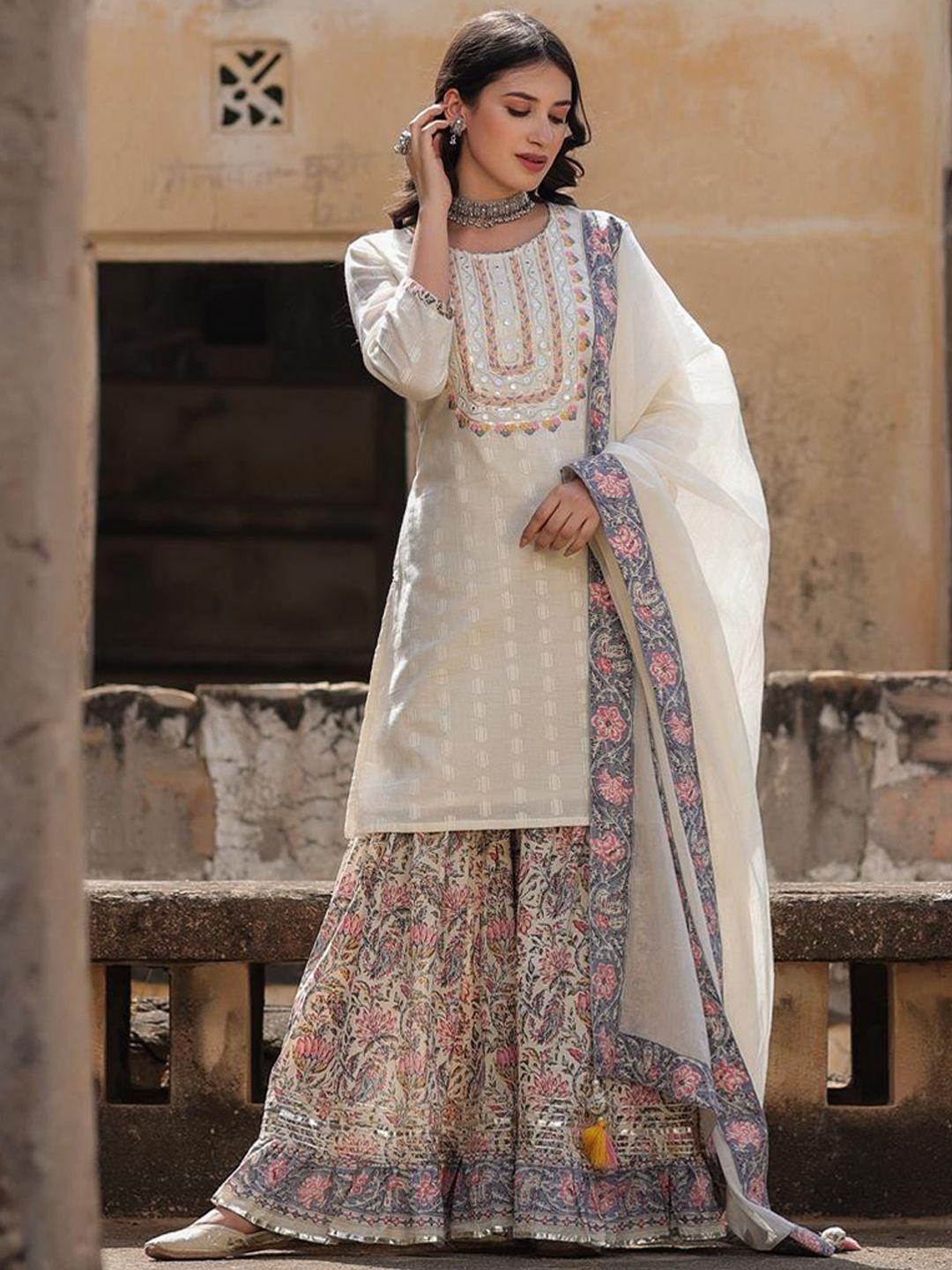 scakhi women off white ethnic motifs printed phulkari pure cotton kurta with skirt & with dupatta