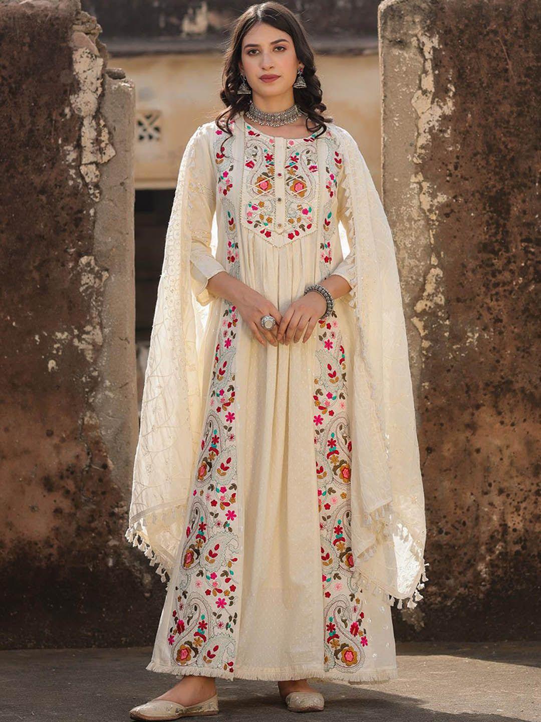 scakhi women off white printed & embroidered dobby ethnic dress with dupatta