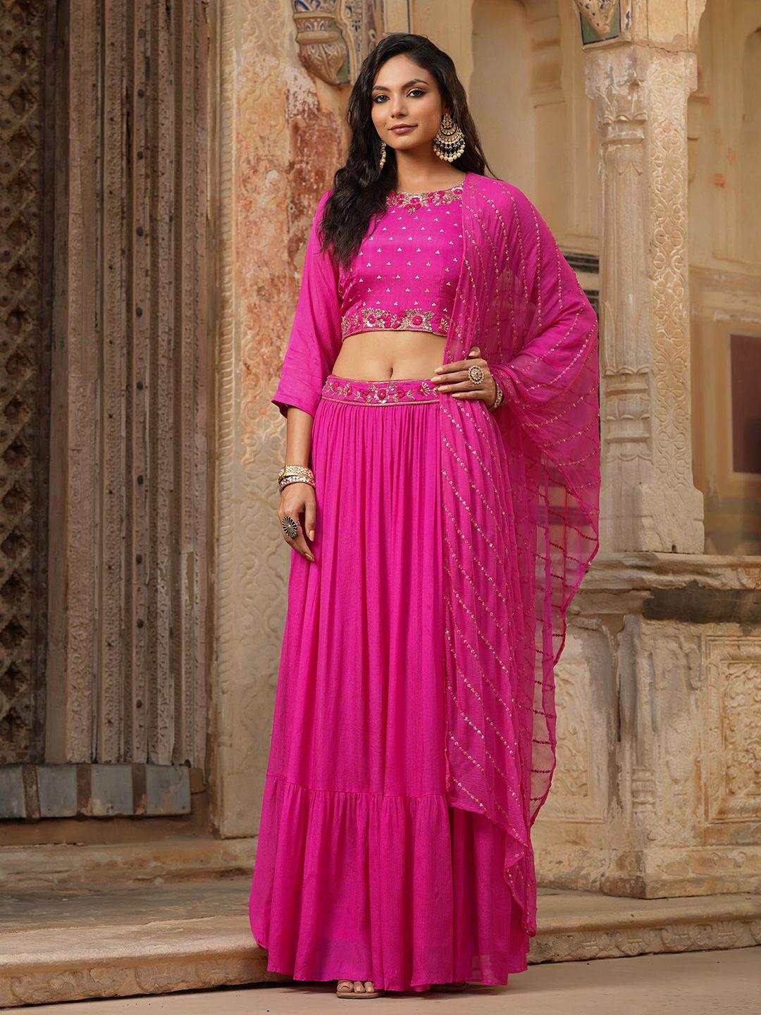 scakhi women pink & gold-toned embellished ready to wear lehenga & blouse with dupatta