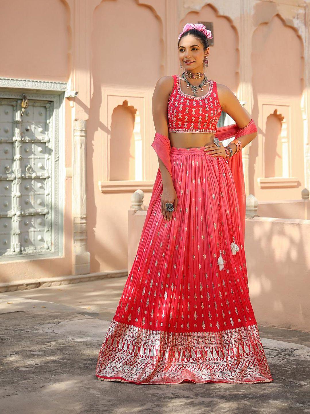 scakhi women pink & silver-toned embroidered foil print ready to wear lehenga choli set