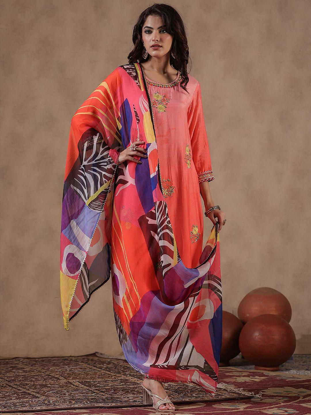 scakhi women pink floral embroidered regular gotta patti kurta with trousers & with dupatta