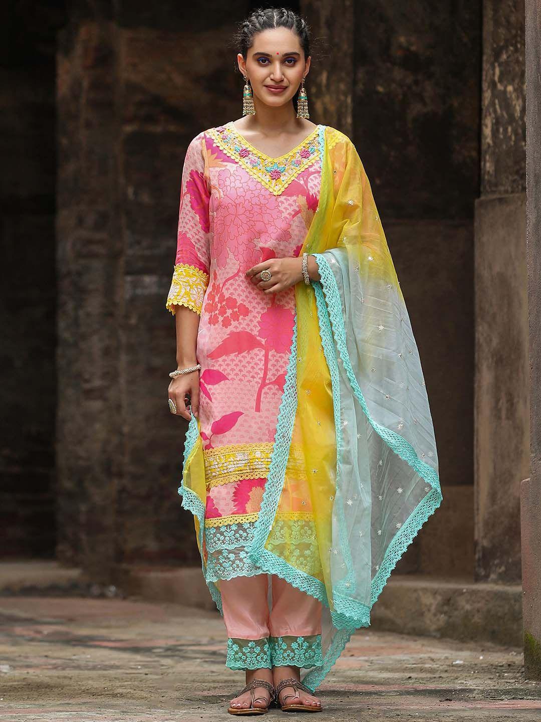 scakhi women pink floral printed regular phulkari silk crepe kurta with trousers & with dupatta