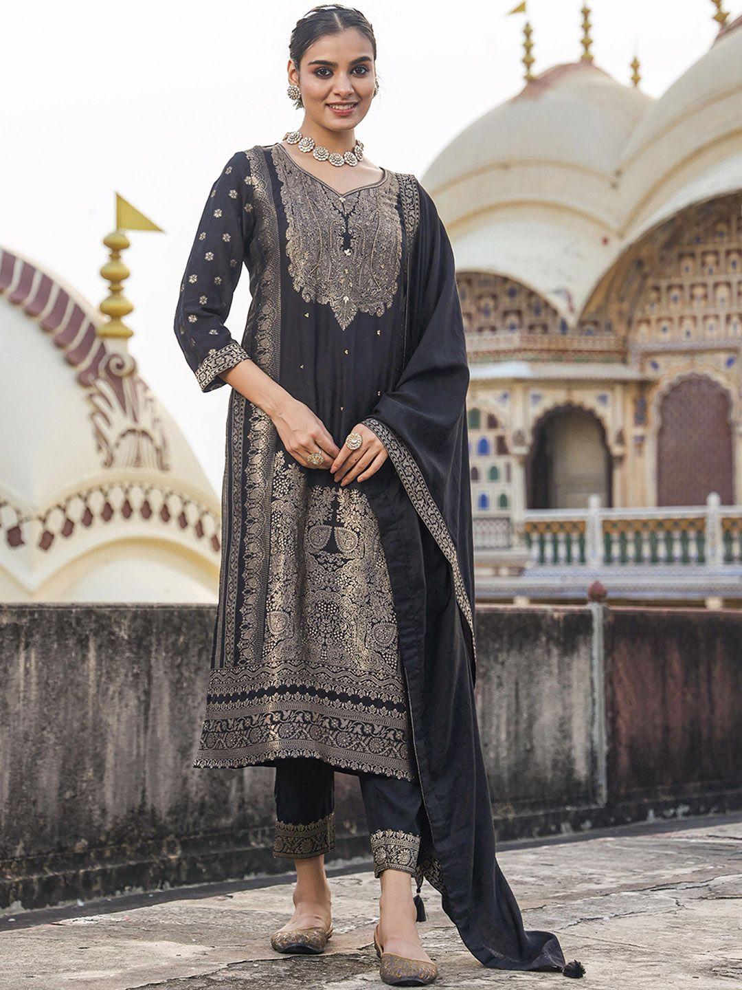 scakhi woven design sequined zari dola silk jacquard kurta with trousers & dupatta