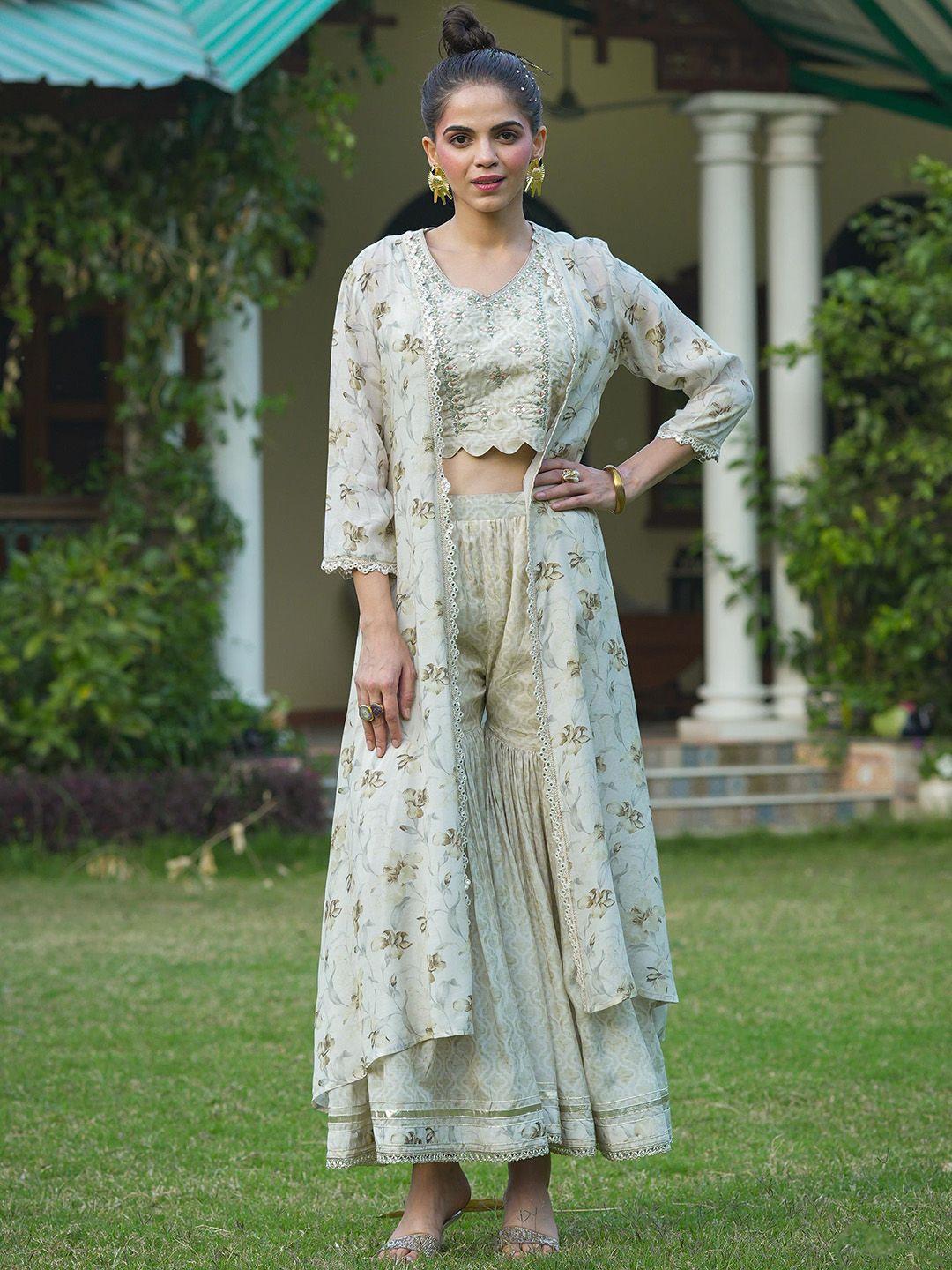 scakhi 3 piece printed crop top & sharara with shrug co-ords