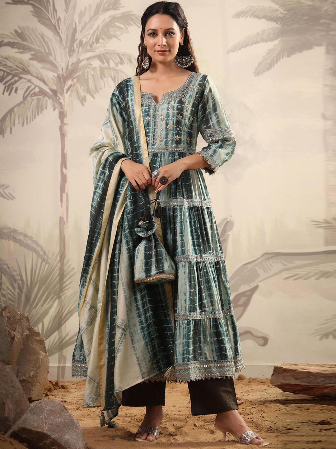 scakhi abstract dyed thread work tiered kurta with trousers & with dupatta