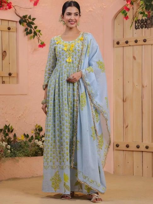 scakhi aqua mulmul block printed & embroidered anarkali kurta and pant with dupatta