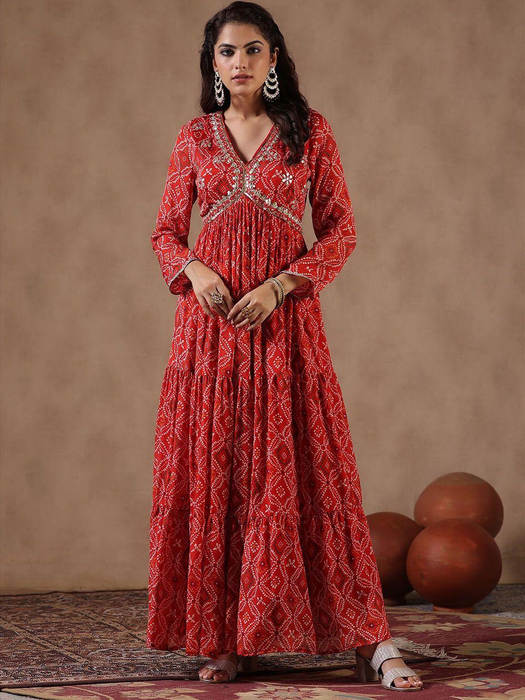 scakhi bandhani printed gathered detail chinon silk empire maxi length ethnic dress