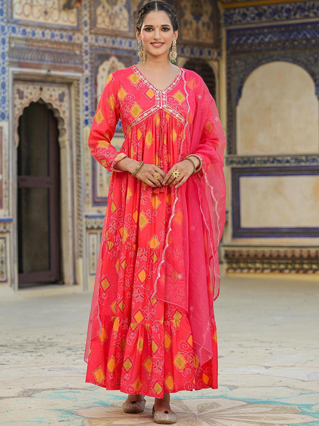 scakhi bandhani printed gathered silk maxi ethnic dresses