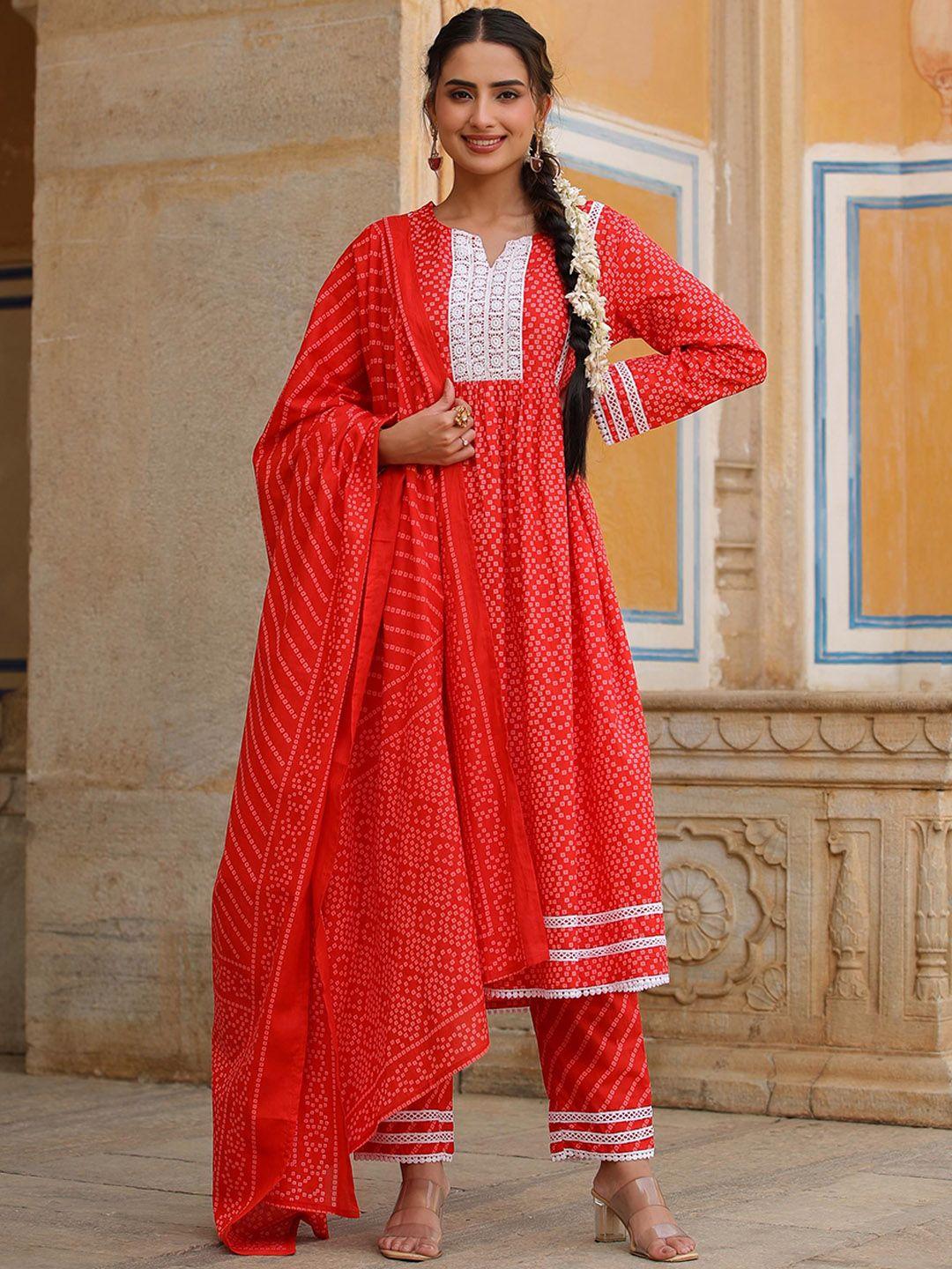 scakhi bandhani printed pleated thread work pure cotton kurta with trousers & dupatta