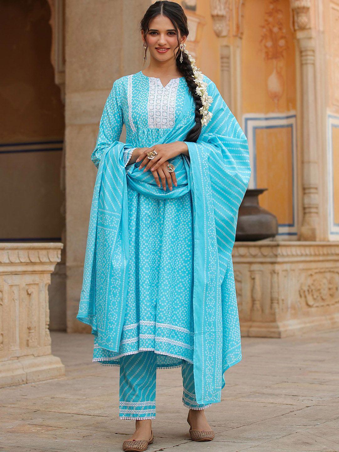 scakhi bandhani printed pleated thread work pure cotton kurta with trousers & with dupatta