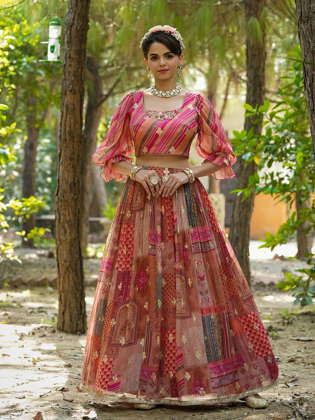 scakhi beads and stones foil print ready to wear lehenga choli