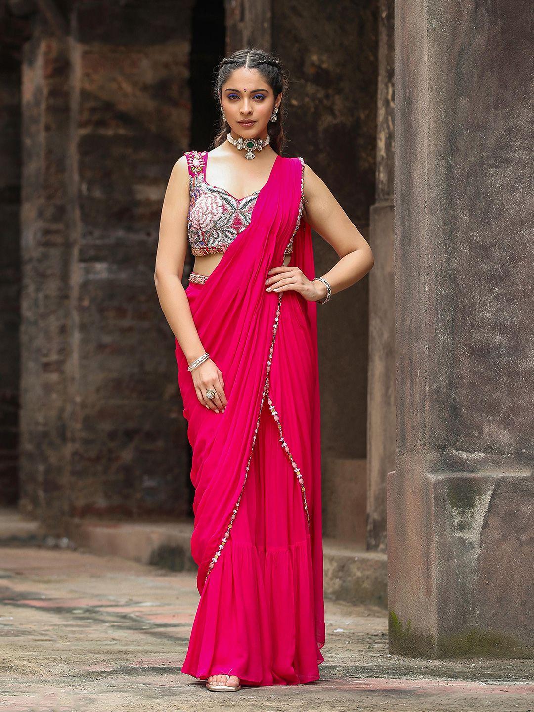 scakhi beads and stones pure georgette ready to wear pre draped embellished sharara saree