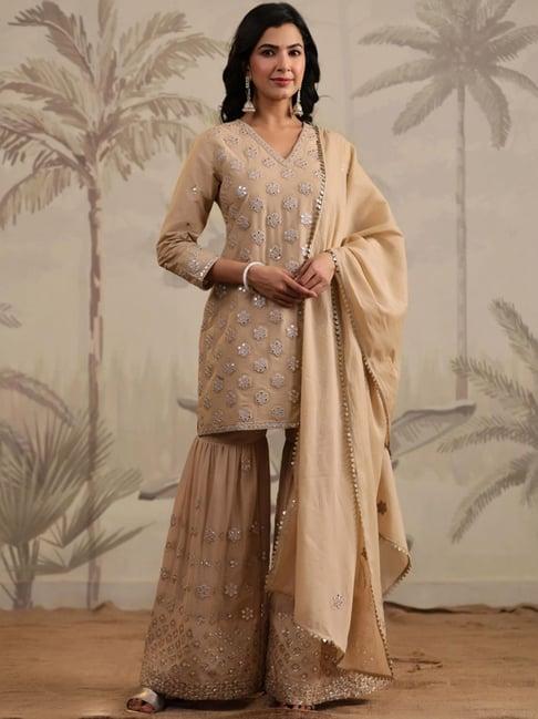scakhi beige cotton embroidered kurti sharara set with dupatta