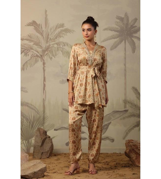 scakhi beige satin chintz print embellished top with pant co-ord set