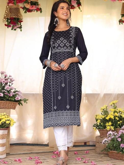 scakhi black bandhani print straight kurta