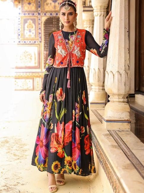 scakhi black chinon silk floral gown with embellished jacket