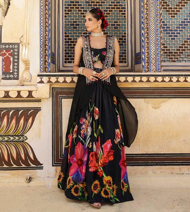 scakhi black chinon silk floral print & embellished lehenga with choli and cape