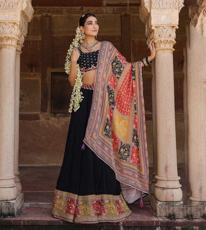 scakhi black chinon silk mirror work embellished lehenga with choli and dupatta