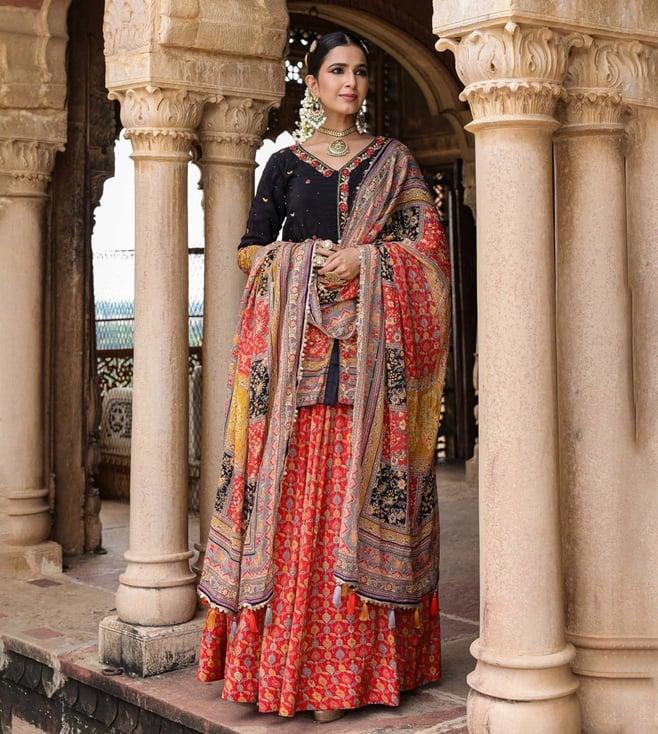 scakhi black crepe silk printed & embellished rajasthani lehenga with choli and dupatta