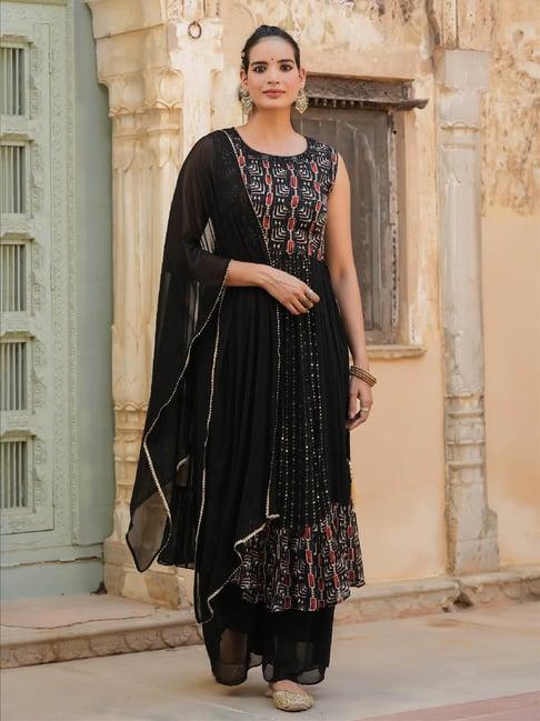 scakhi black embellished georgette kurta with palazzos & dupatta