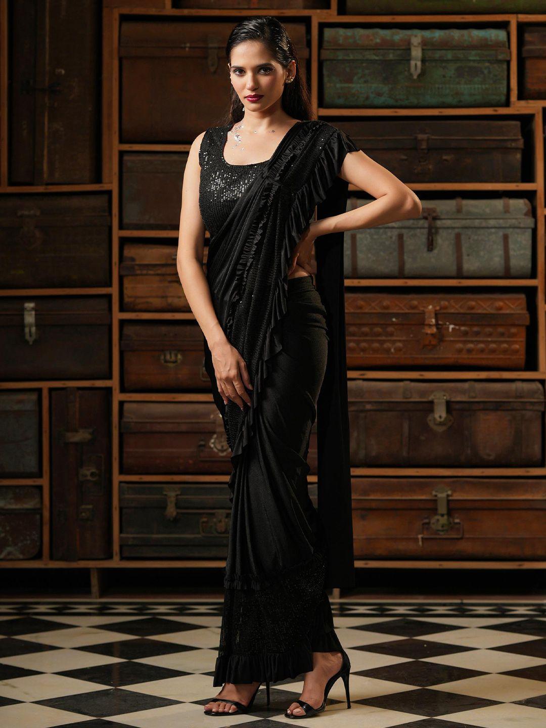 scakhi black embellished sequined ready to wear saree