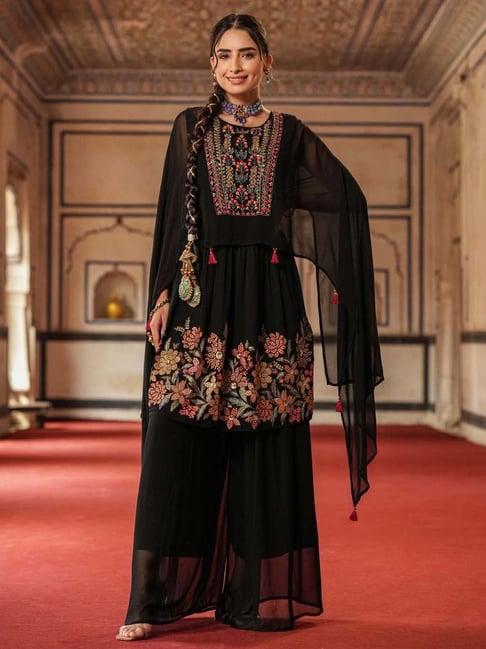 scakhi black embroidered kurta palazzo set