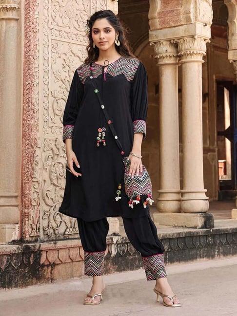 scakhi black embroidered kurta patiala set with potli