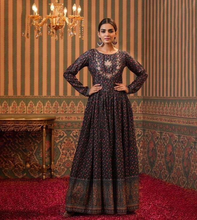 scakhi black muslin silk printed anarkali dress with printed belt