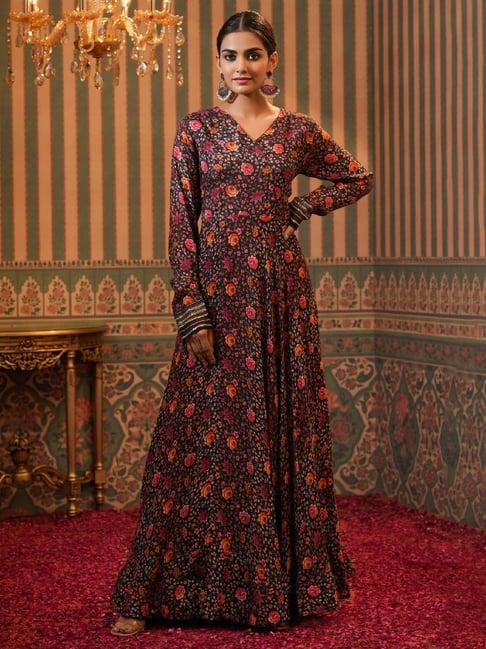 scakhi black silk floral print ethnic gown