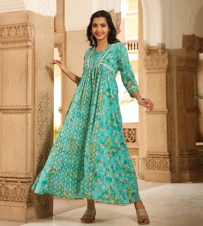 scakhi blue mul cotton printed panelled ethnic dress