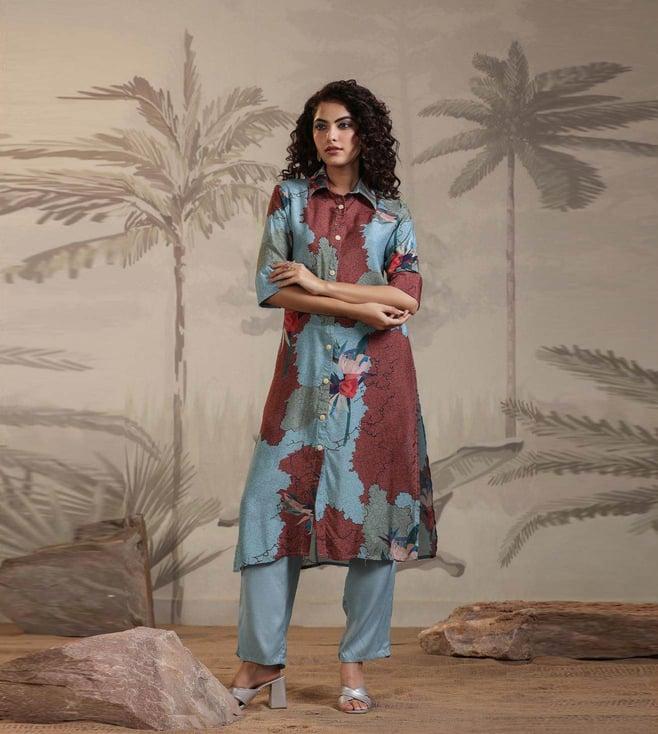 scakhi blue muslin printed kurta with pant co-ord sets