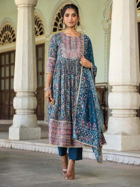 scakhi blue printed kurta pant set with dupatta