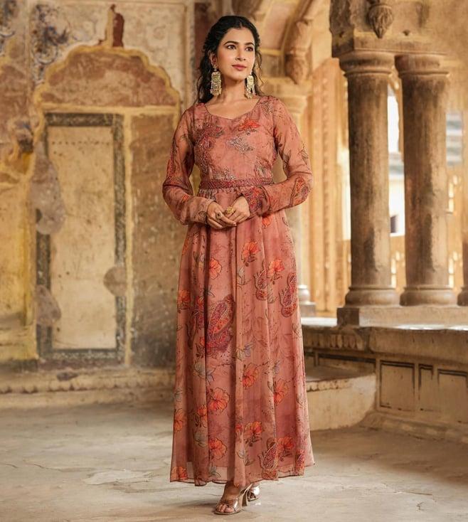 scakhi brown organza floral print embellished anarkali gown with belt