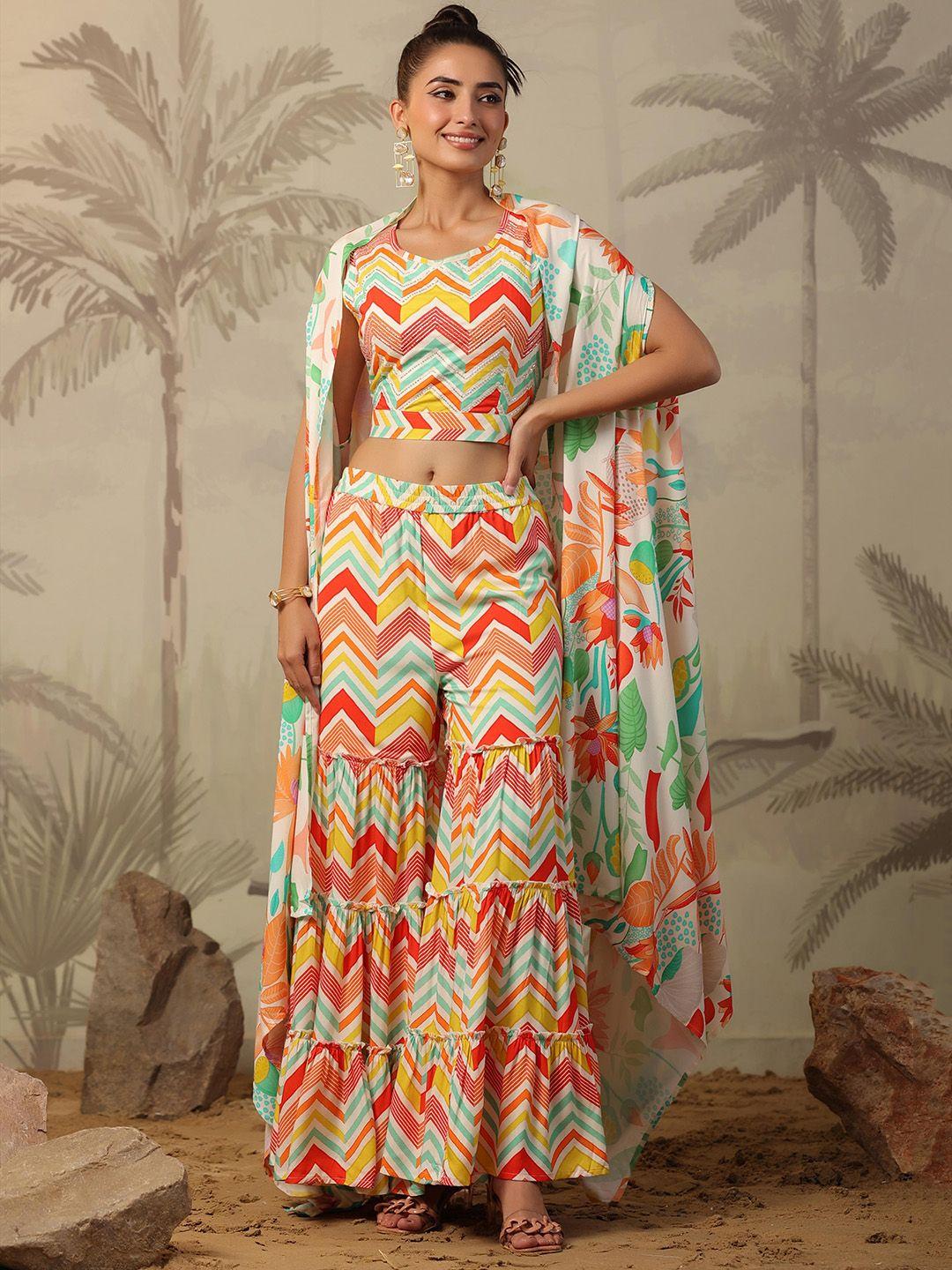 scakhi candy printed top & sharara with cape co-ords set
