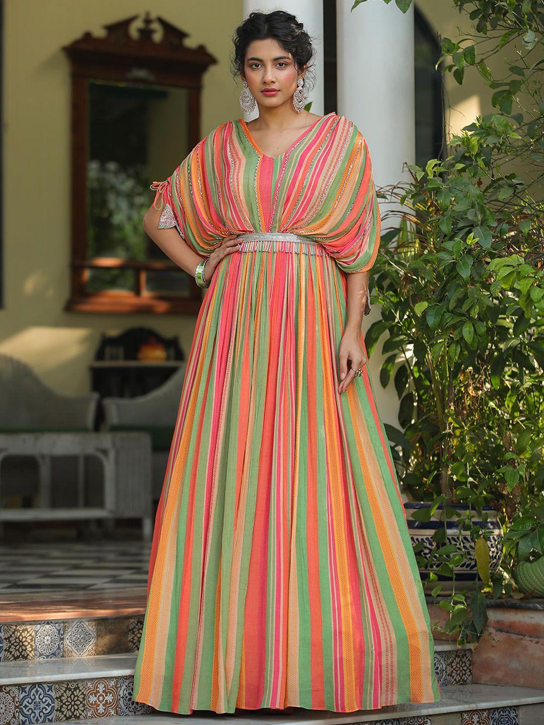 scakhi candy striped maxi length gown ethnic dress with belt and attached cape