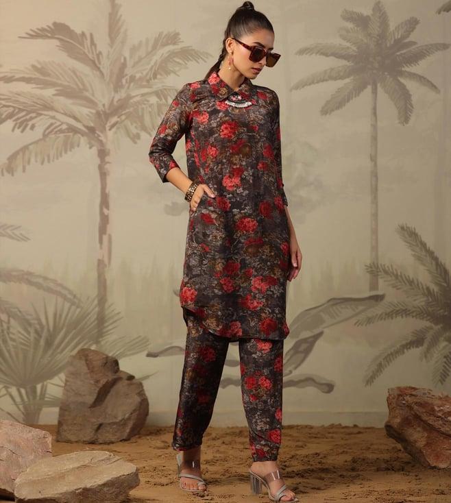 scakhi charcoal crepe silk floral print tunic with pant co-ord set