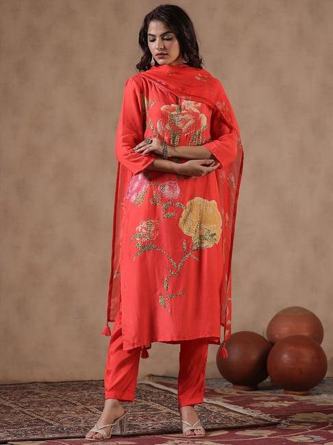 scakhi coral embellished kurta with pant & dupatta