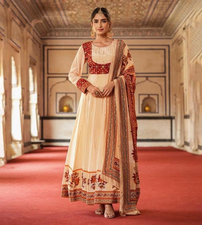 scakhi cream crepe silk embellished koti style anarkali gown with dupatta