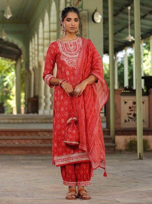 scakhi crimson red printed kurta salwar set with dupatta