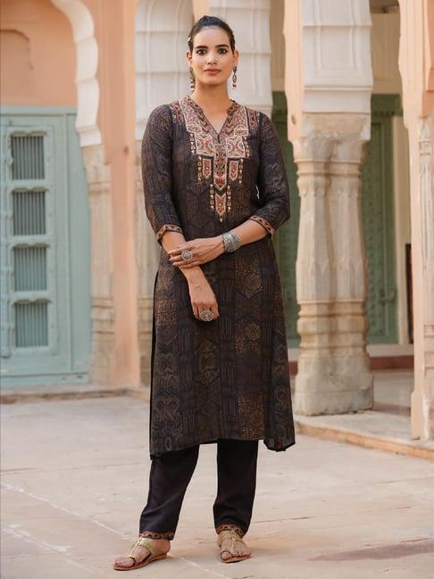 scakhi dark brown embellished silk kurta with pants