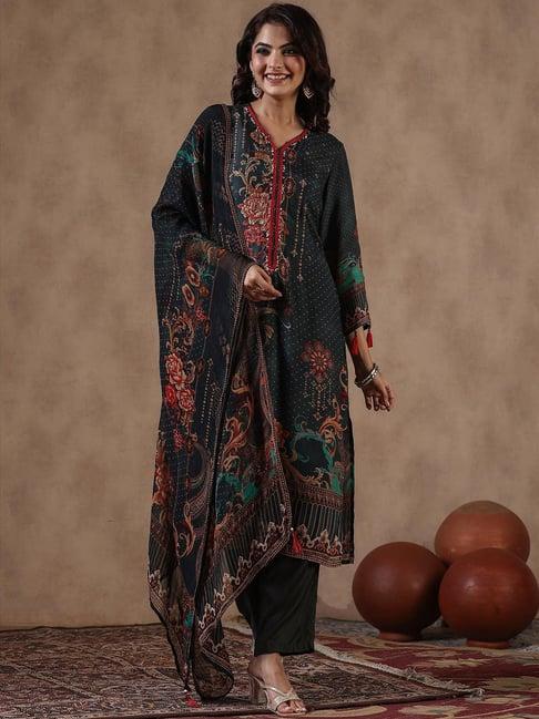 scakhi dark green embellished kurta with pant & dupatta