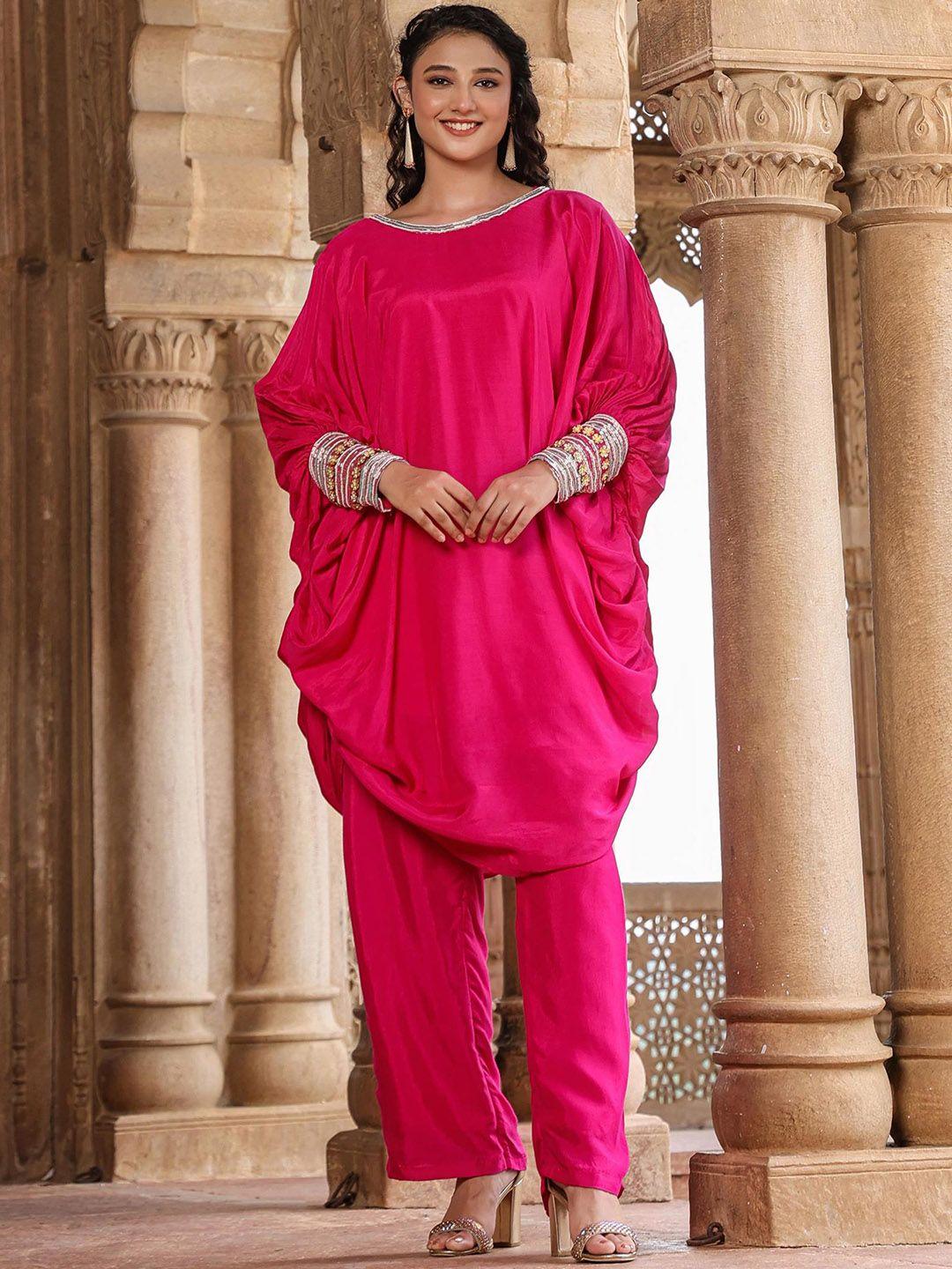 scakhi embellished balloon sleeves ethnic tunic with camisole & straight trouser