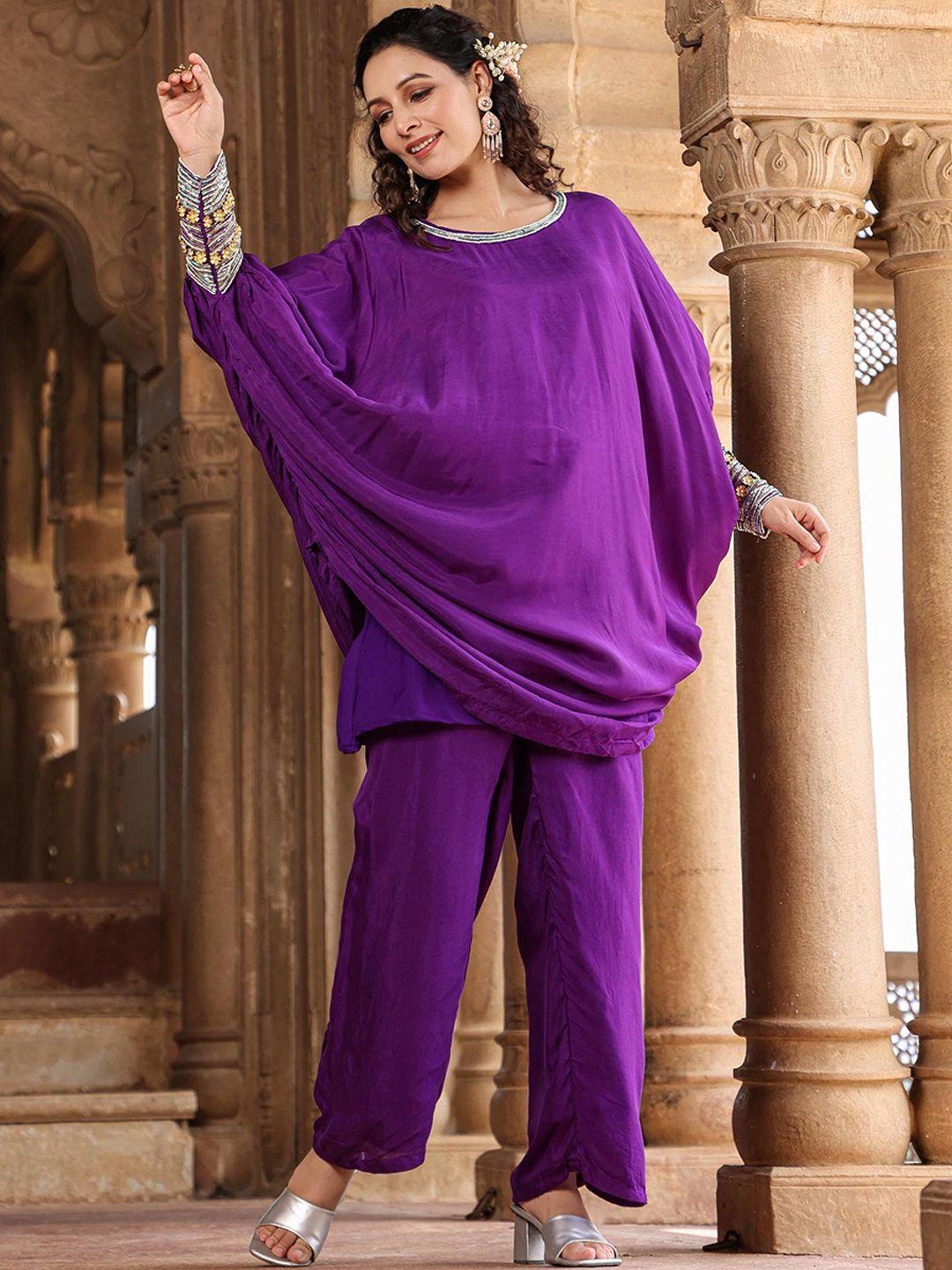 scakhi embellished balloon sleeves ethnic tunic with camisole & straight trouser