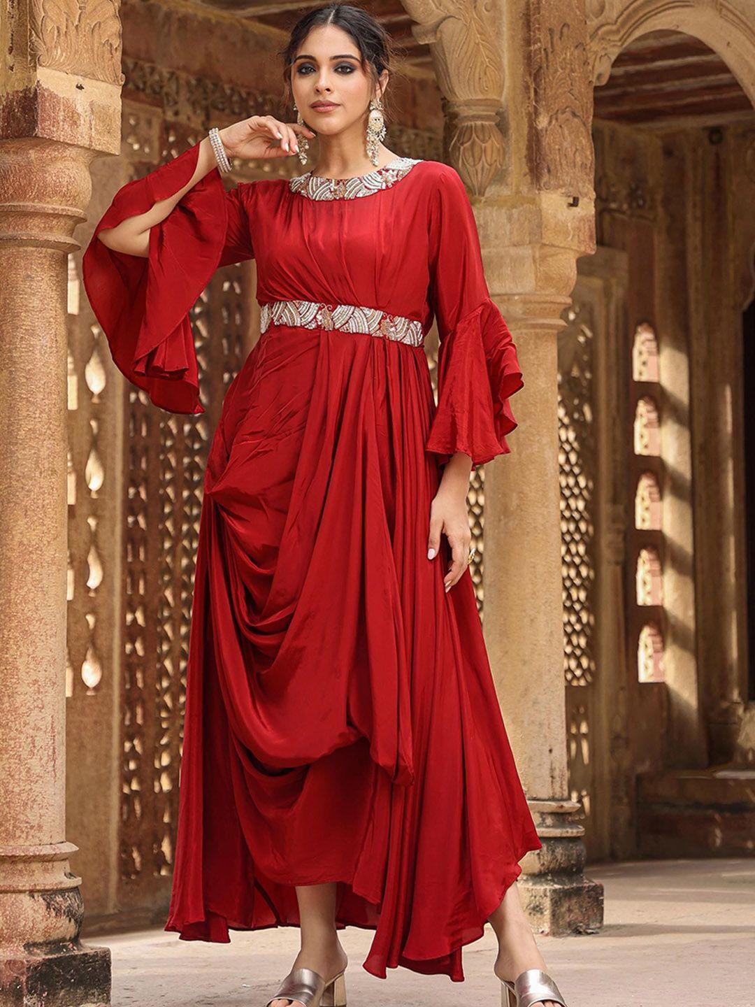 scakhi embellished bell sleeves gown with belt