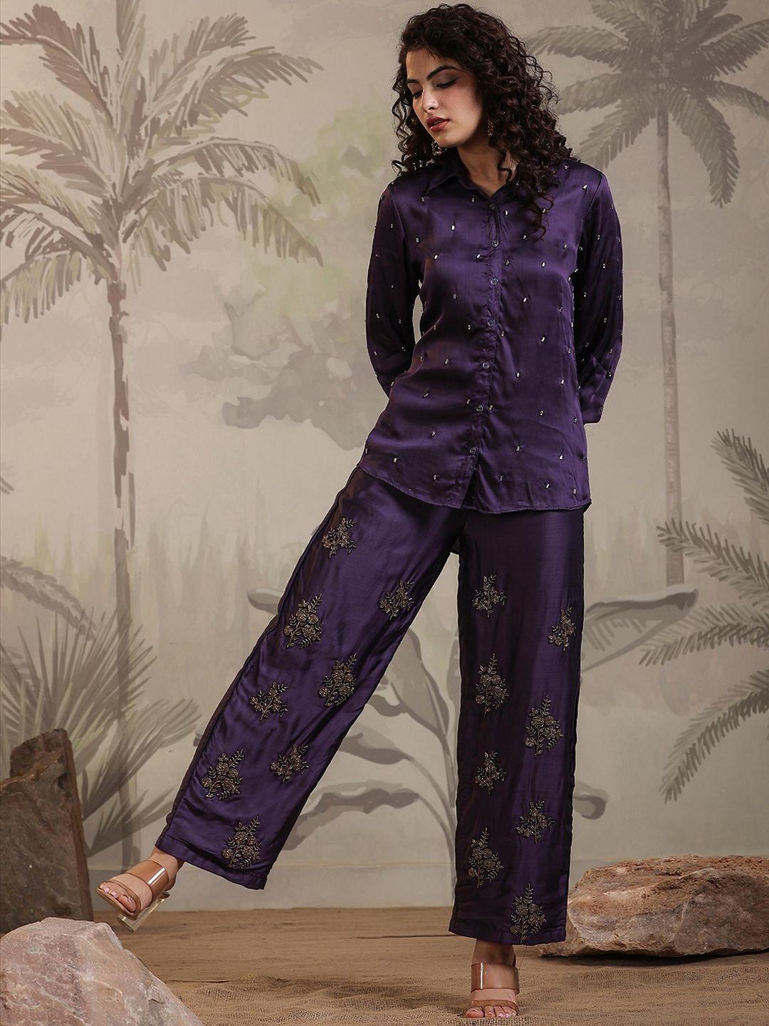 scakhi embellished shirt collar neck shirt & flared palazzo  co-ord set