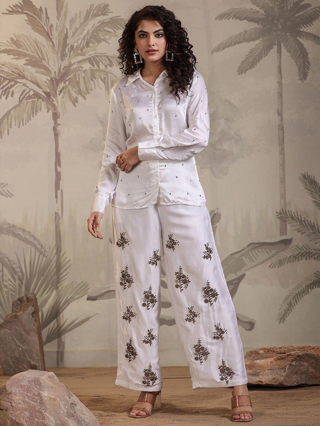 scakhi embellished shirt with flared palazzos